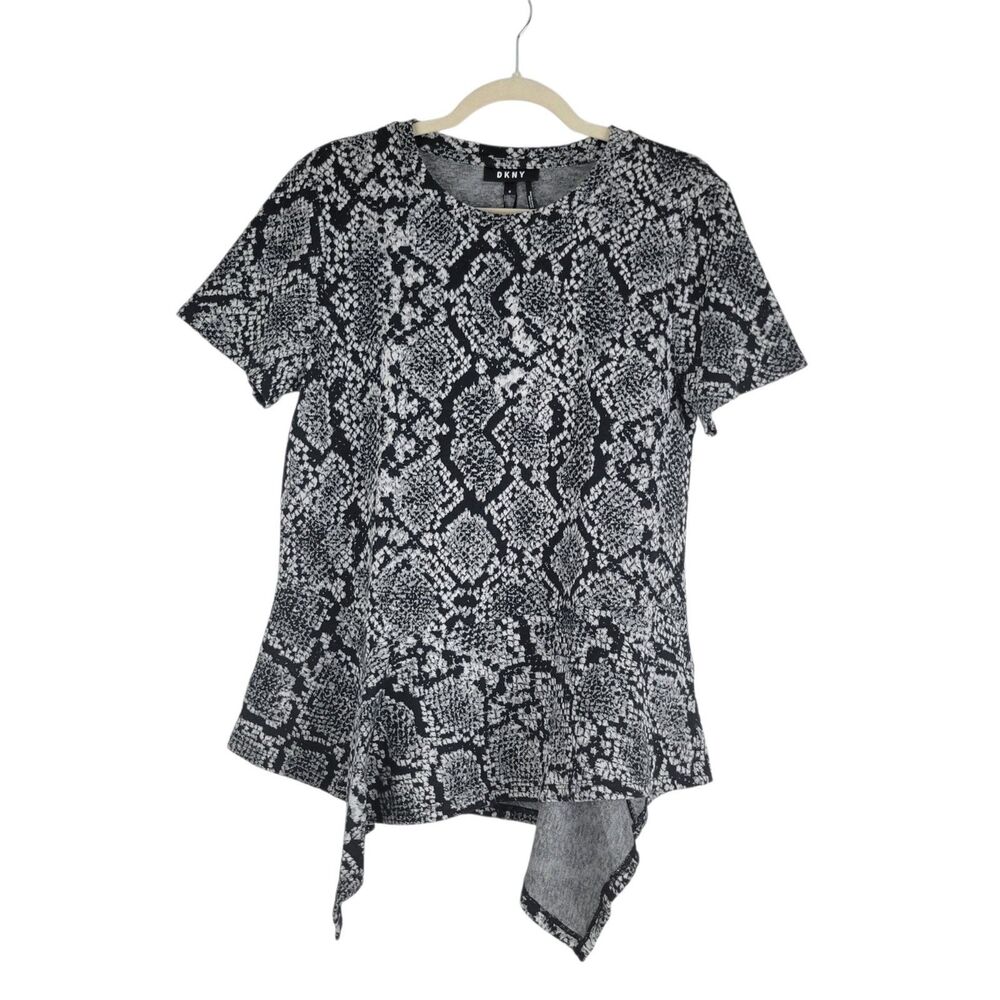 DKNY Asymmetrical Peplum Top Women M Snake Print Grey Black Short Sleeve NEW